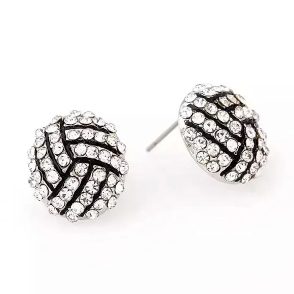 Volleyball Sports Stud Earrings - Rhinestone Crystal Bling, Athletic Fashion - Picture 1 of 4